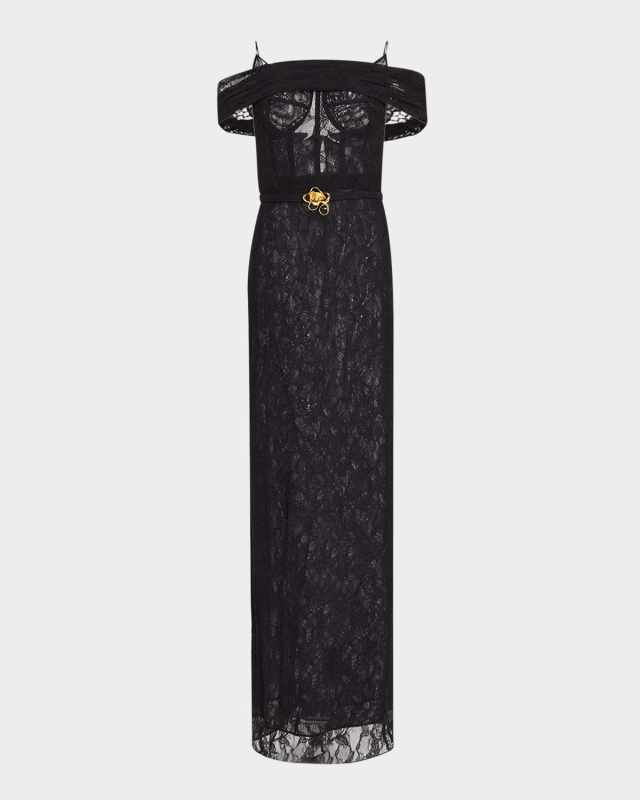 Lace Cold-Shoulder Belted Column Gown